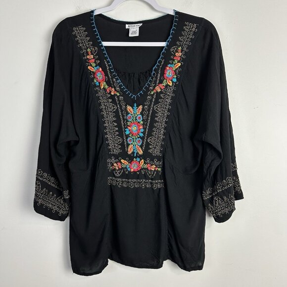 Krista‎ Lee Womens Top Large Black Embroidered Popover Tunic Boho Festival - Picture 1 of 10